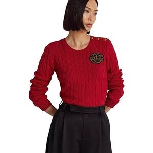 LAUREN RALPH LAUREN BUTTON  TRIM CABLE KNIT COTTON SWEATER RED NWT